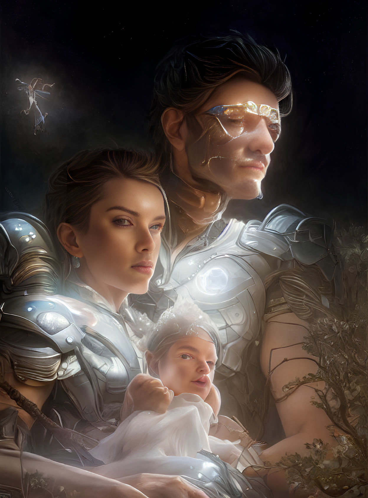 Futuristic family in high-tech armor against cosmic backdrop