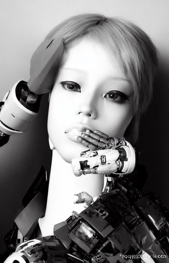Female robot with human-like face and robotic arms in monochrome.
