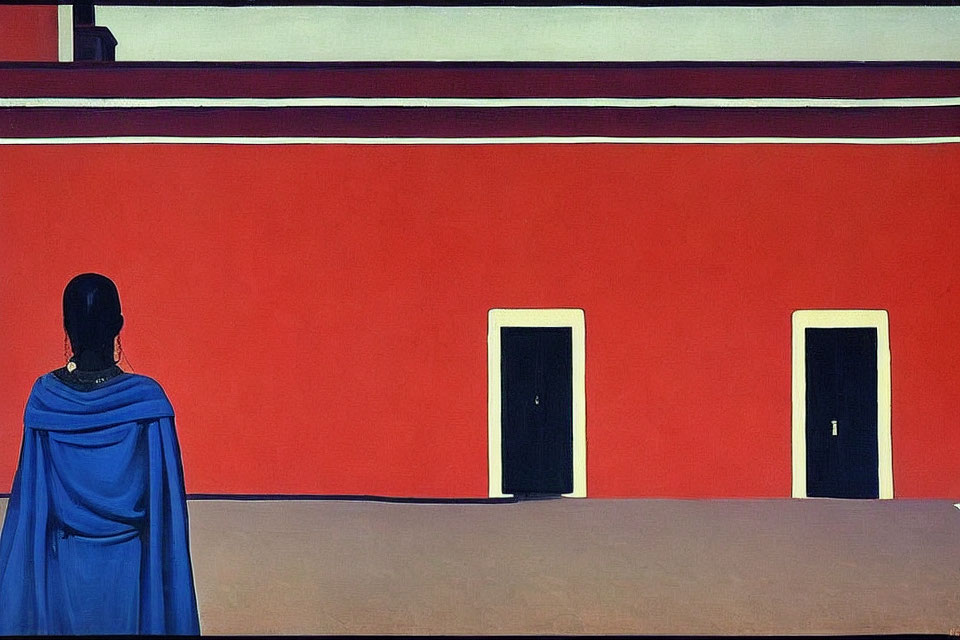 Person in Blue Cape Standing Before Red Wall with Two White Doors