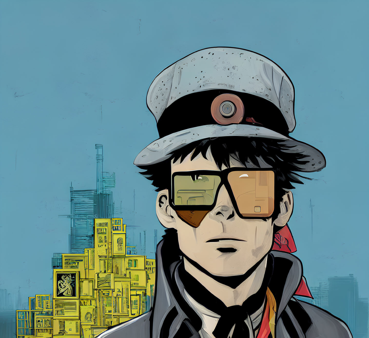 Stylized illustration of man with hat and glasses, city skyline, and yellow containers.