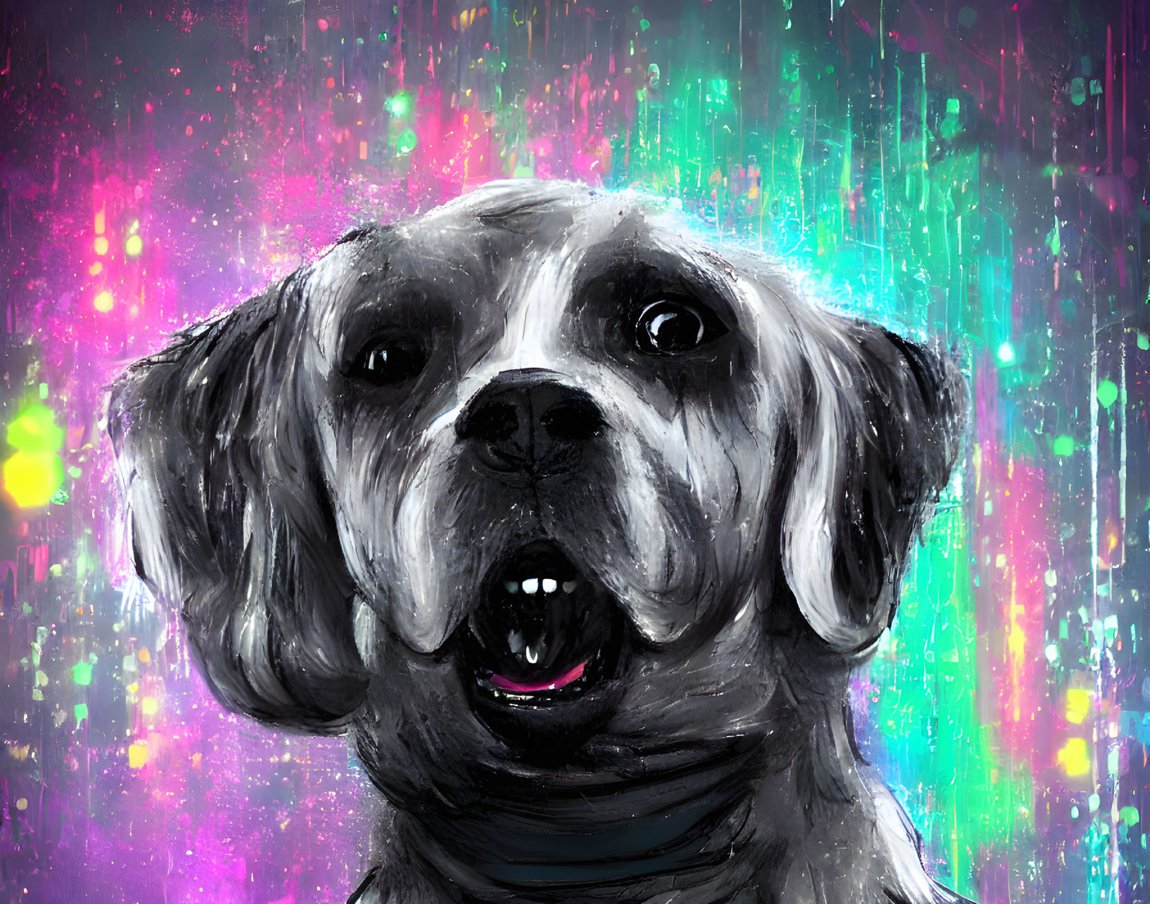 Colorful Portrait of Wide-Eyed Dog on Neon Background