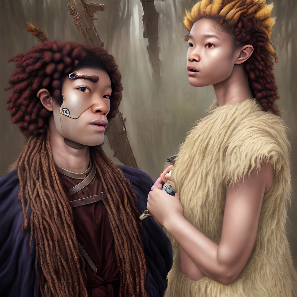 Individuals in tribal attire with fur collar and dreadlocks in natural setting