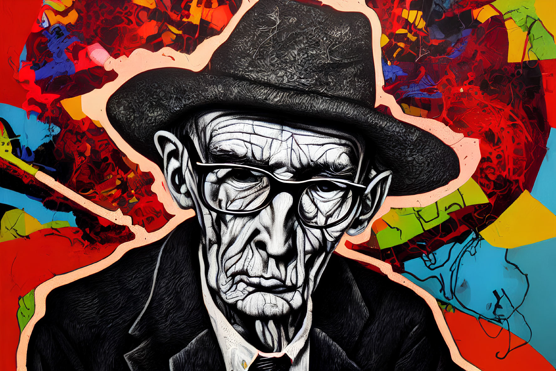 Colorful graffiti art of elderly man with hat in abstract backdrop