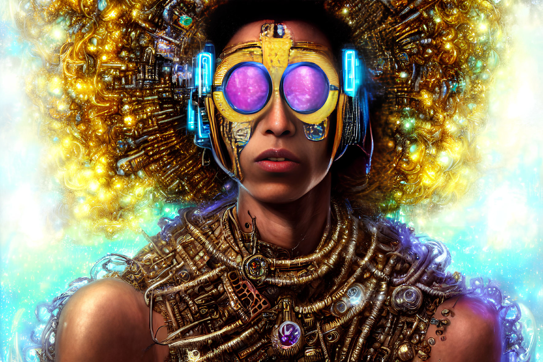 Futuristic goggles and golden jewelry with intricate mechanical detail on luminous backdrop