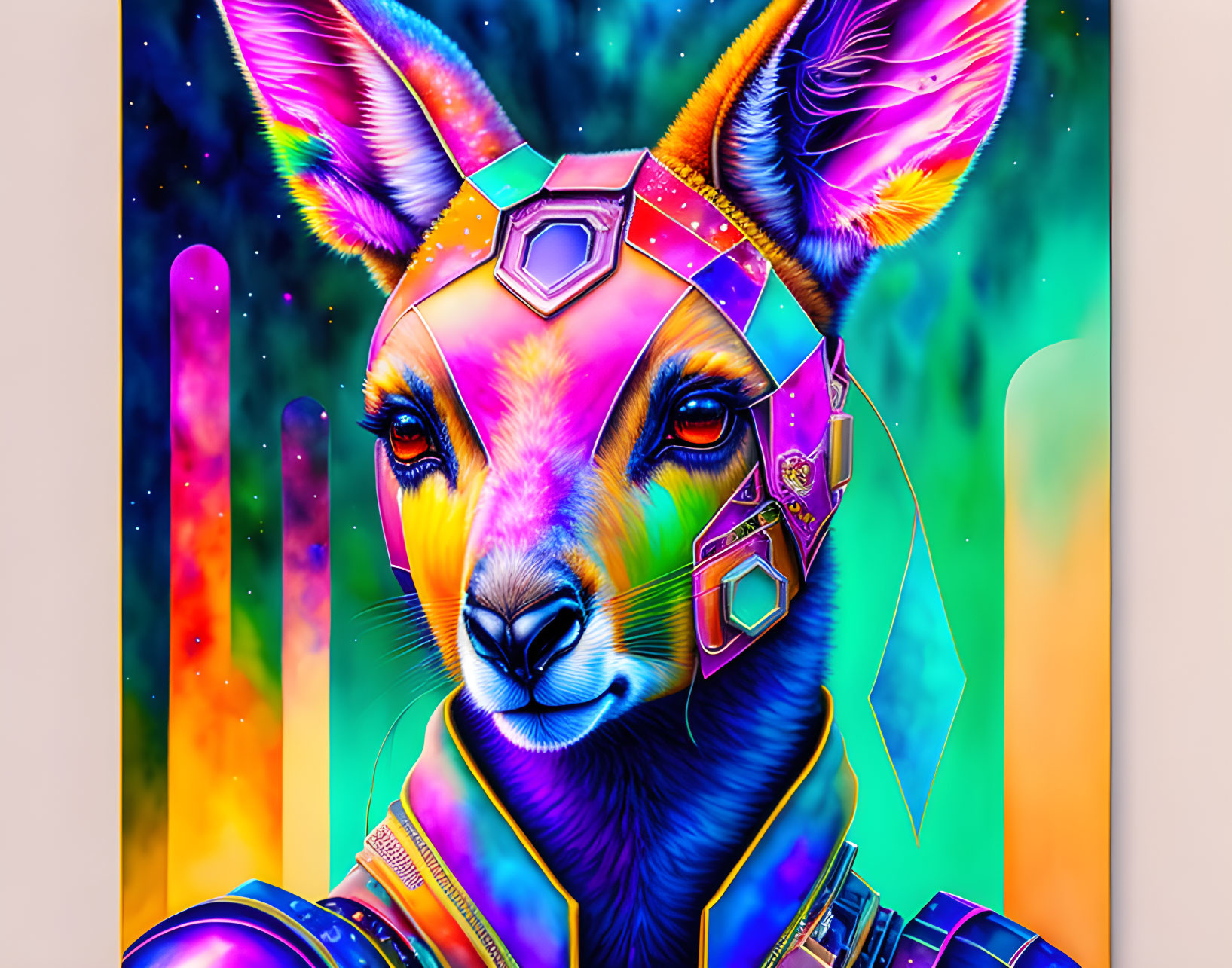 Colorful Kangaroo Artwork with Futuristic Headpiece on Neon Background