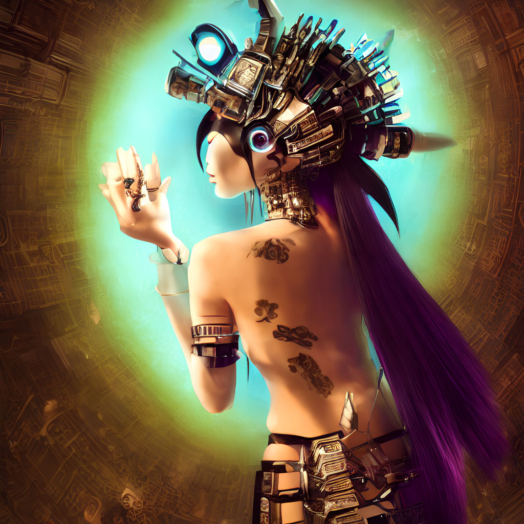 Female cyborg with purple hair and tattoos in futuristic setting.