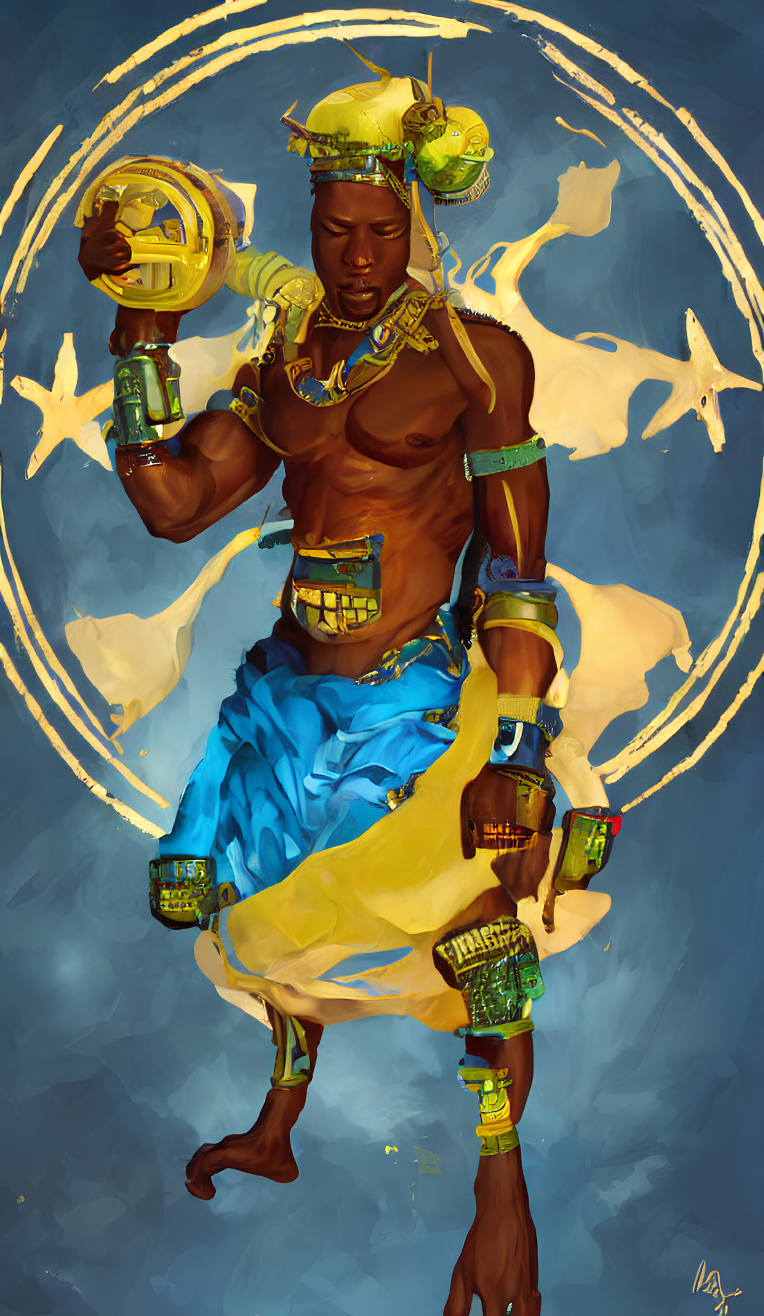 Stylized illustration of man in blue clothing with golden accessories and magical elements