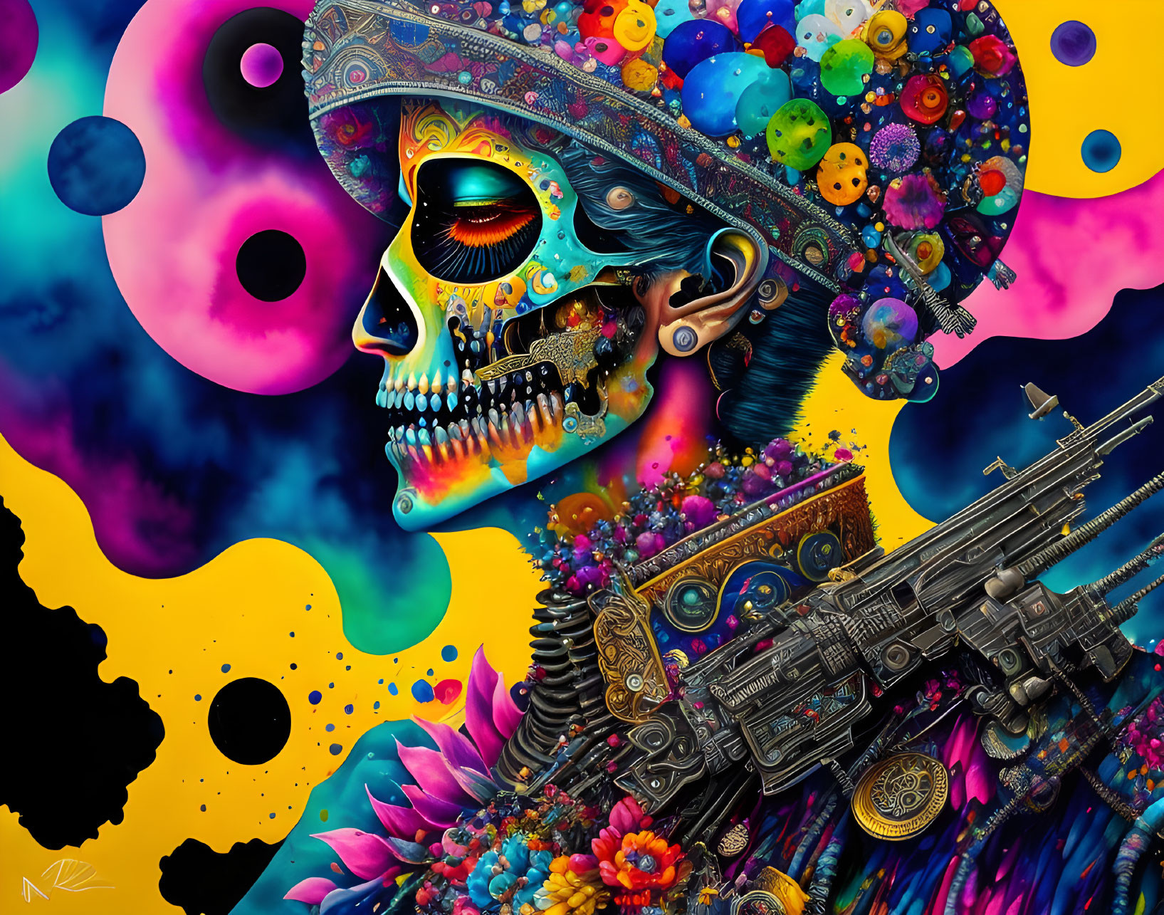 Colorful Decorated Skull Artwork with Floral and Mechanical Elements