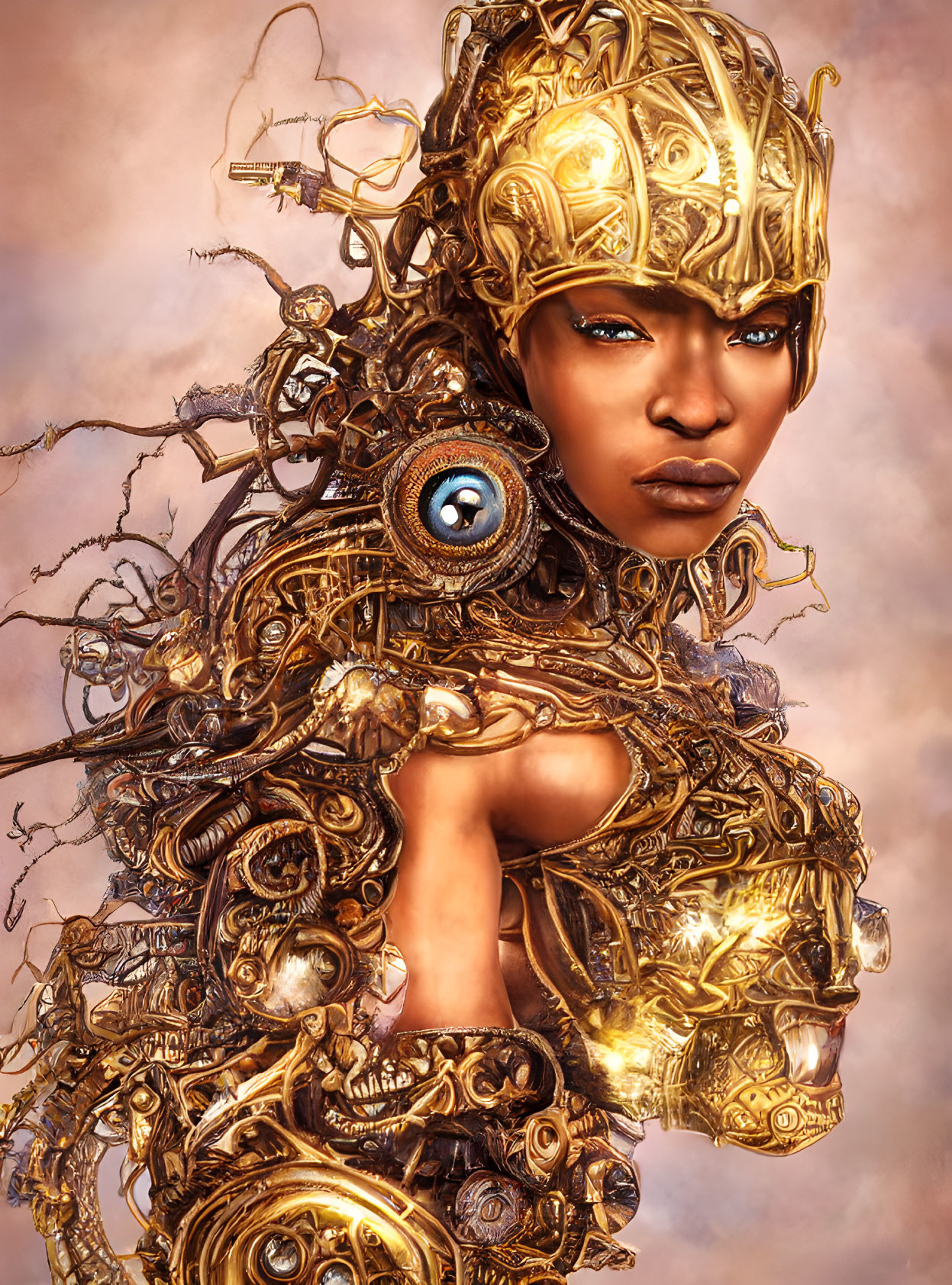 Golden mechanical humanoid figure with intricate clockwork designs and embedded eye.