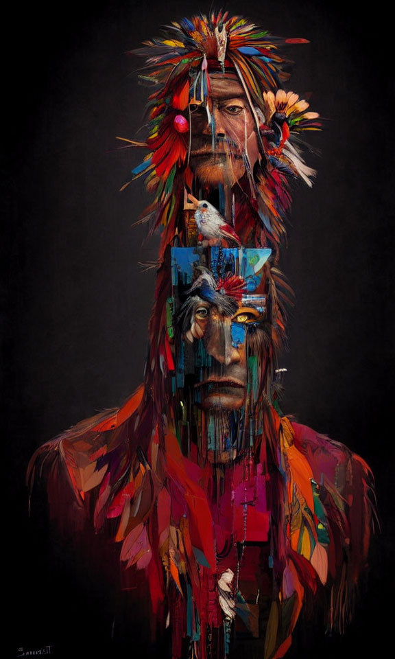 Colorful Feathered Native American Portrait in Fragments