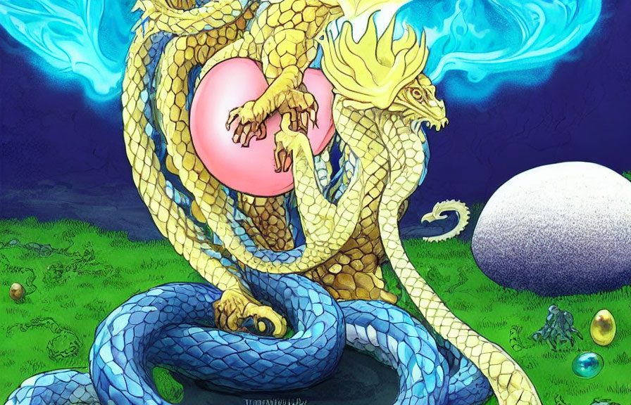 Vibrant golden dragon with blue scales holding pink orb on grassy field