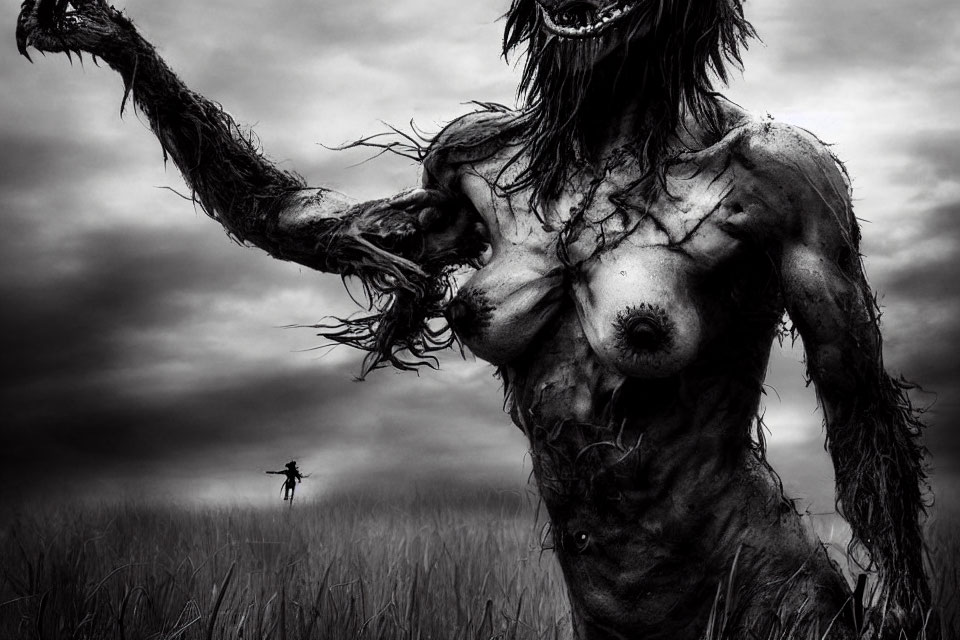 Monochrome image of large grotesque creature and small human figure in dramatic field landscape