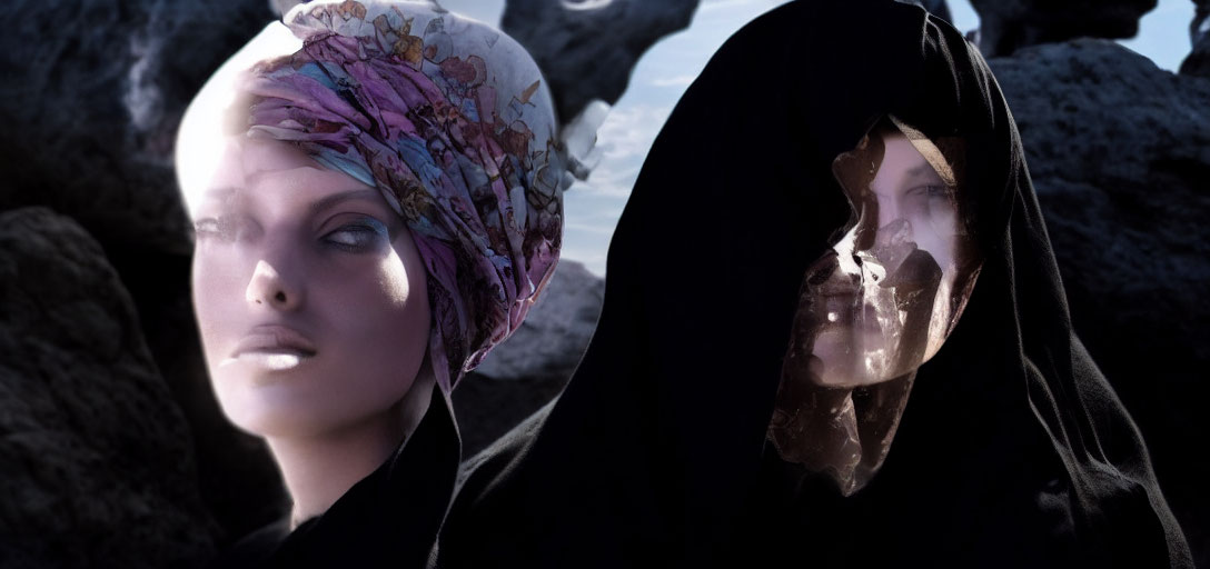 Mannequin heads with floral cap and hood on rocky terrain