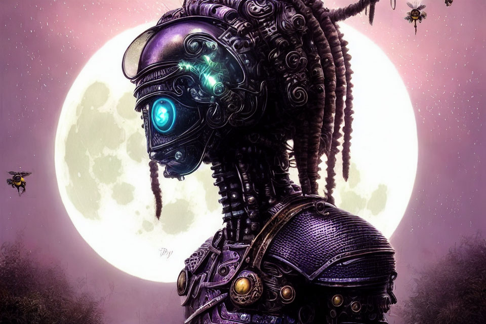 Intricate futuristic robotic head with glowing blue eyes and moon backdrop