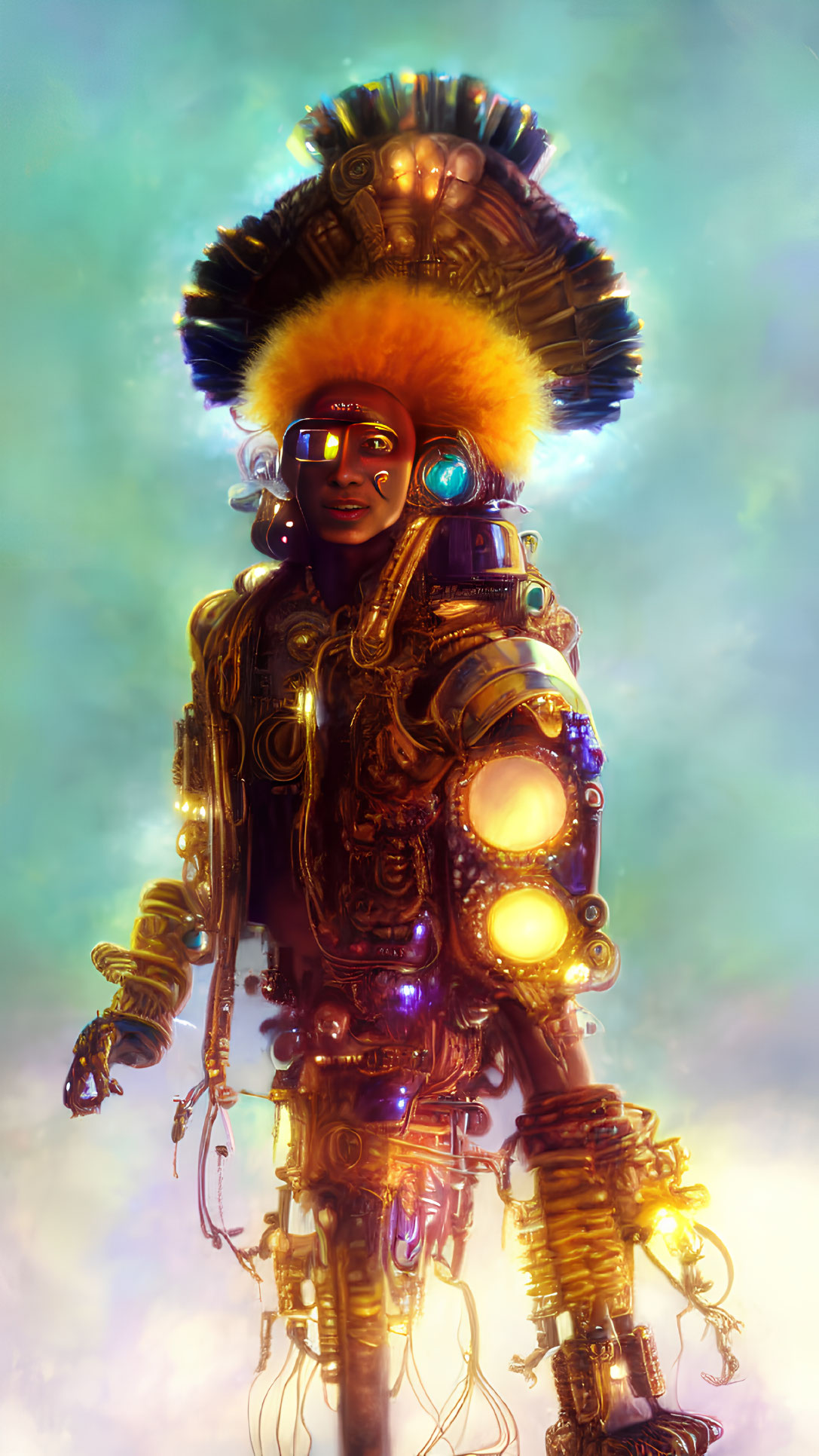 Colorful digital artwork: Person in futuristic suit with glowing elements and feathered headdress on dreamy