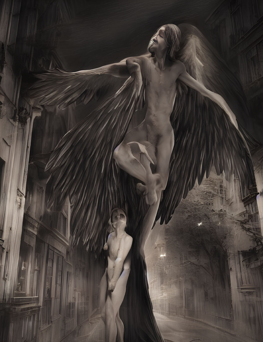 Dark angelic wings on nude figures in eerie street scene.