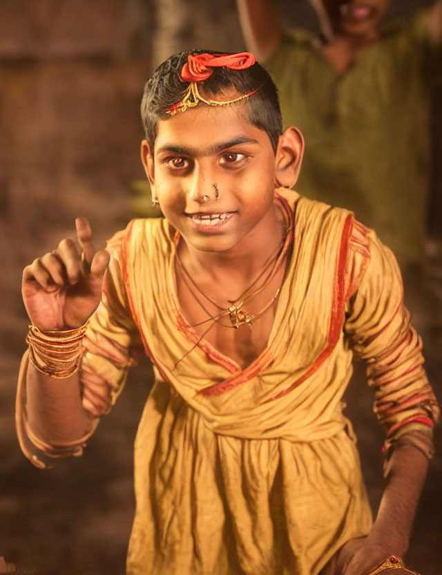 Child in traditional attire with red headband and nose ring smiling in soft lighting.