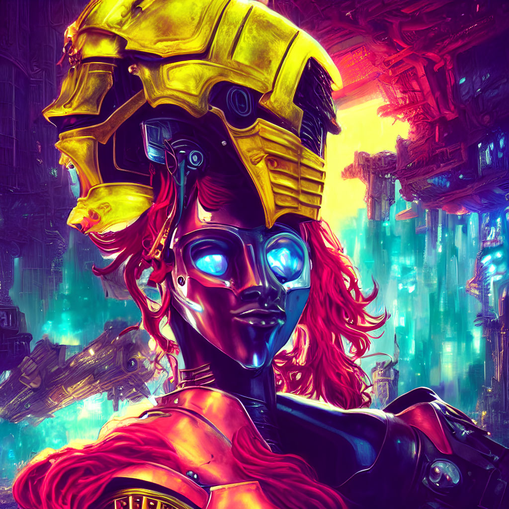 Futuristic cyberpunk woman with glowing blue eyes and red hair in yellow helmet, neon-lit