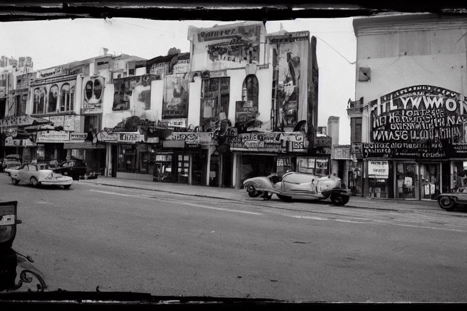 Vintage black and white photo of old cars and buildings in a street scene