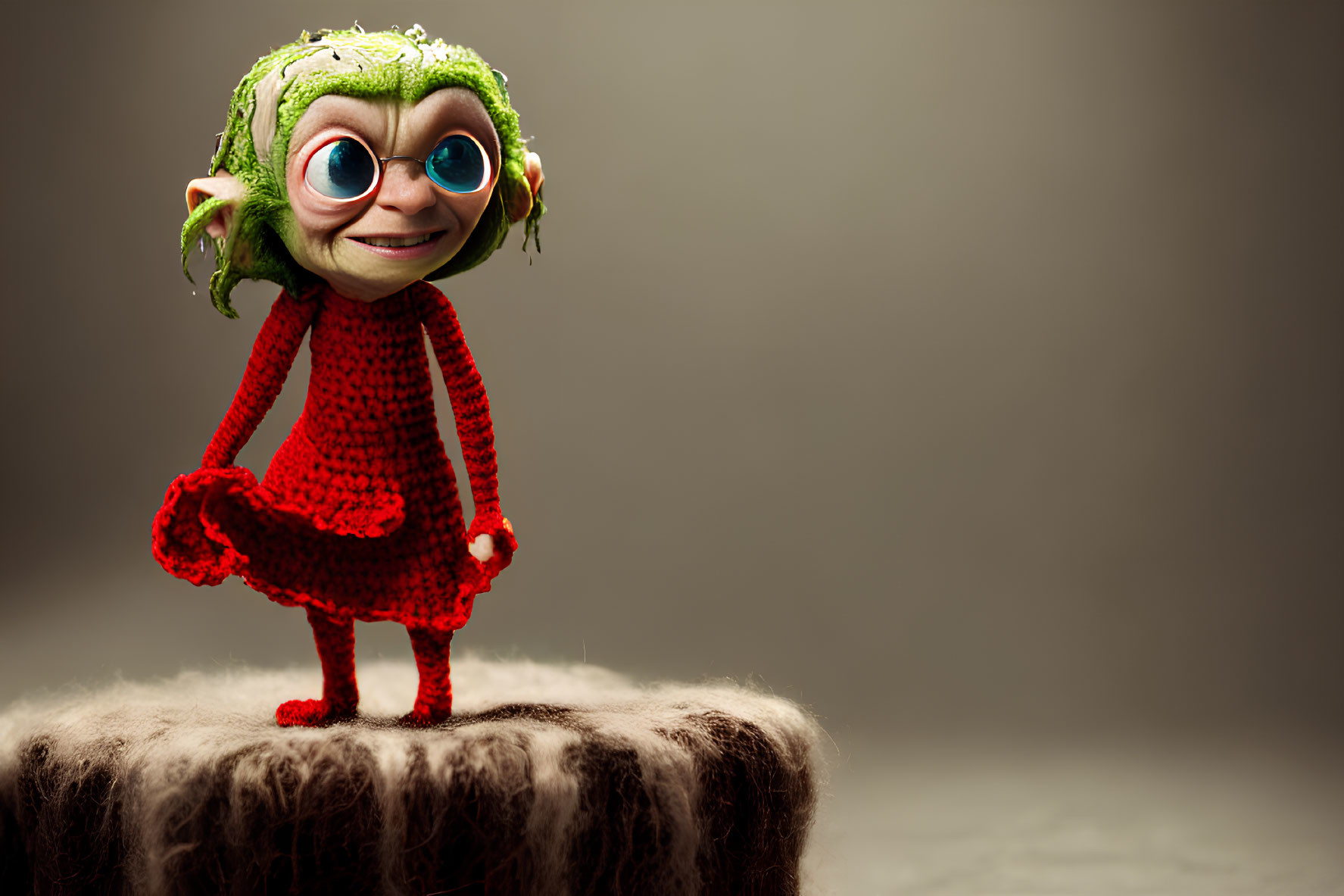 Green-skinned animated character in red dress on fluffy surface