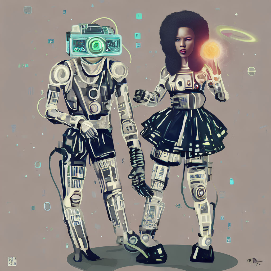 Illustration of astronaut and woman with afro in cosmic setting