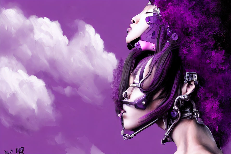 Person with Cybernetic Enhancements in Purple Against Cloud-Like Background
