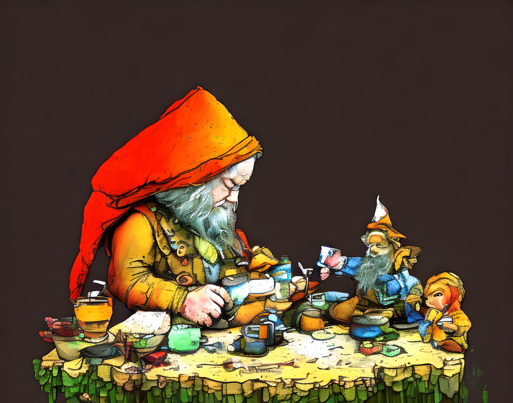 Whimsical gnomes having tea on mossy table