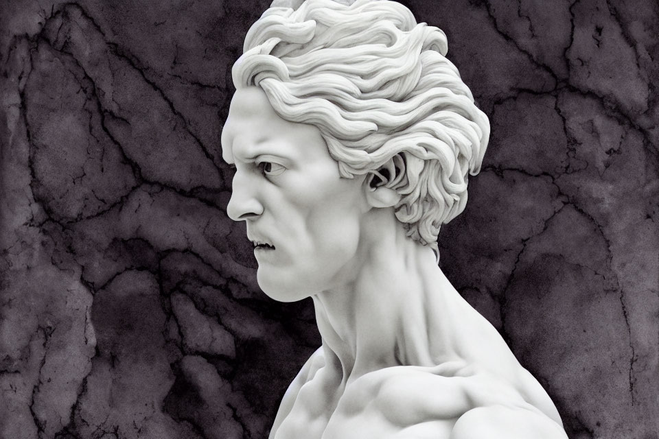 Classical male sculpture with detailed curly hair and muscular build on cracked stone background