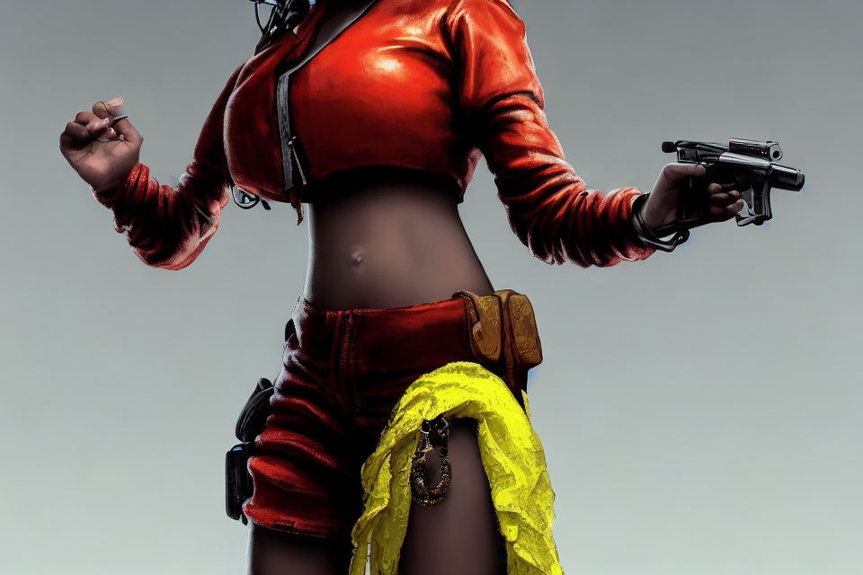 Person in Red Leather Outfit with Gun, Stylish Belt & Yellow Cloth Pose confidently