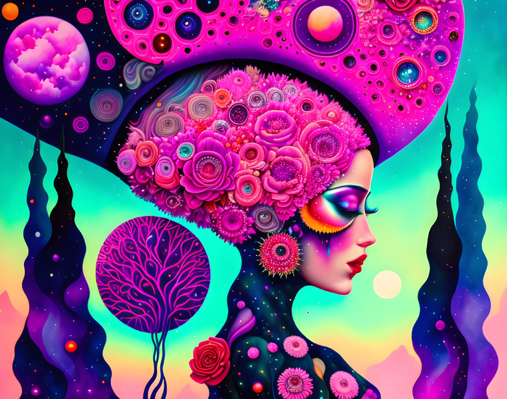 Vibrant digital artwork: Woman with flower hair, cosmic backdrop, planets, tree symbol
