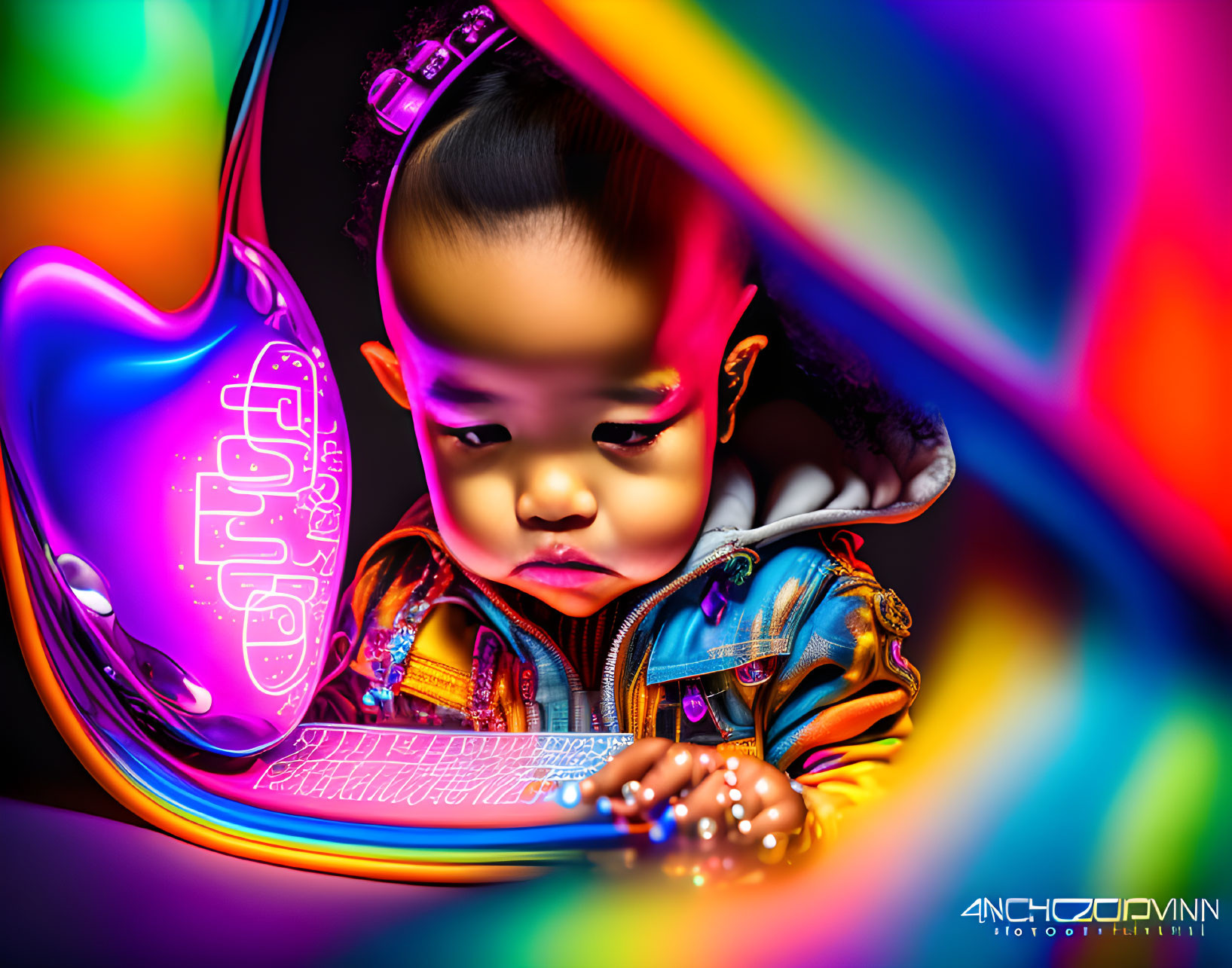 Child immersed in vibrant digital art with futuristic keyboard