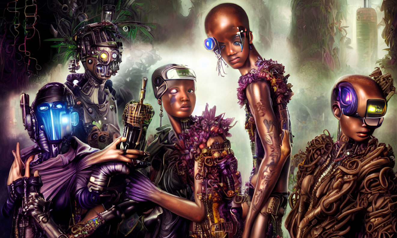 Futuristic cybernetic characters in misty jungle setting