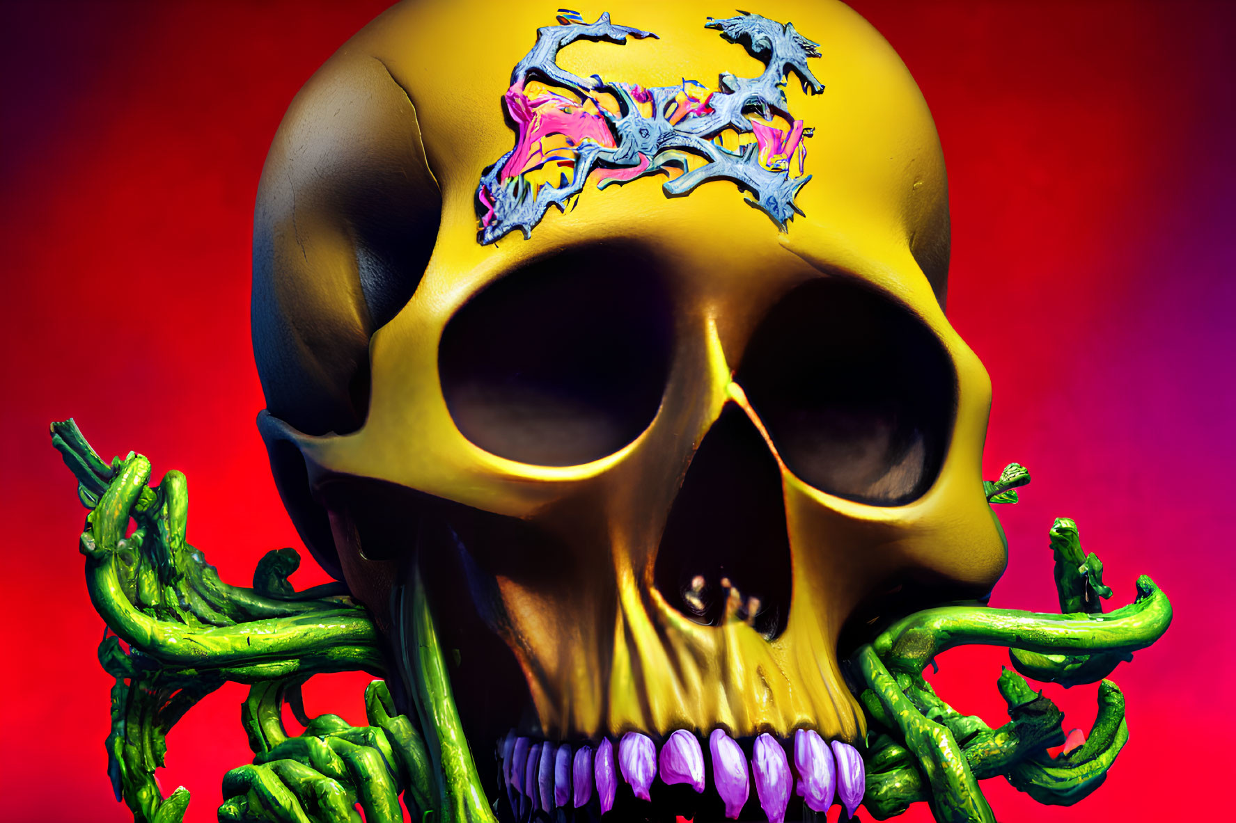 Vibrant skull art with gold, neon green tentacles, pink & blue dragon motif