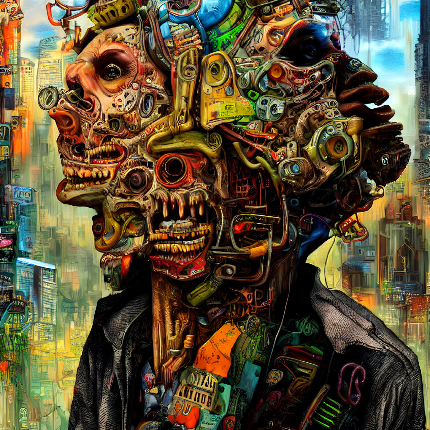 Surreal digital artwork: mechanical skull figure in futuristic cityscape