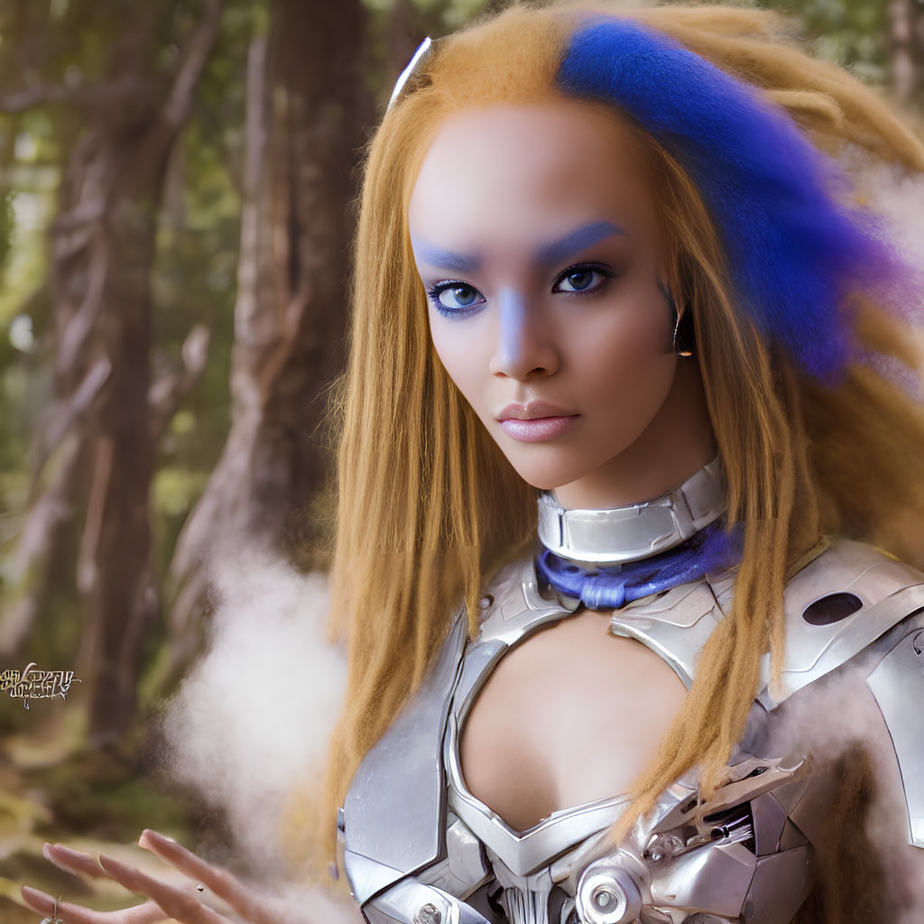 Blue and golden hair person in futuristic silver armor in misty forest