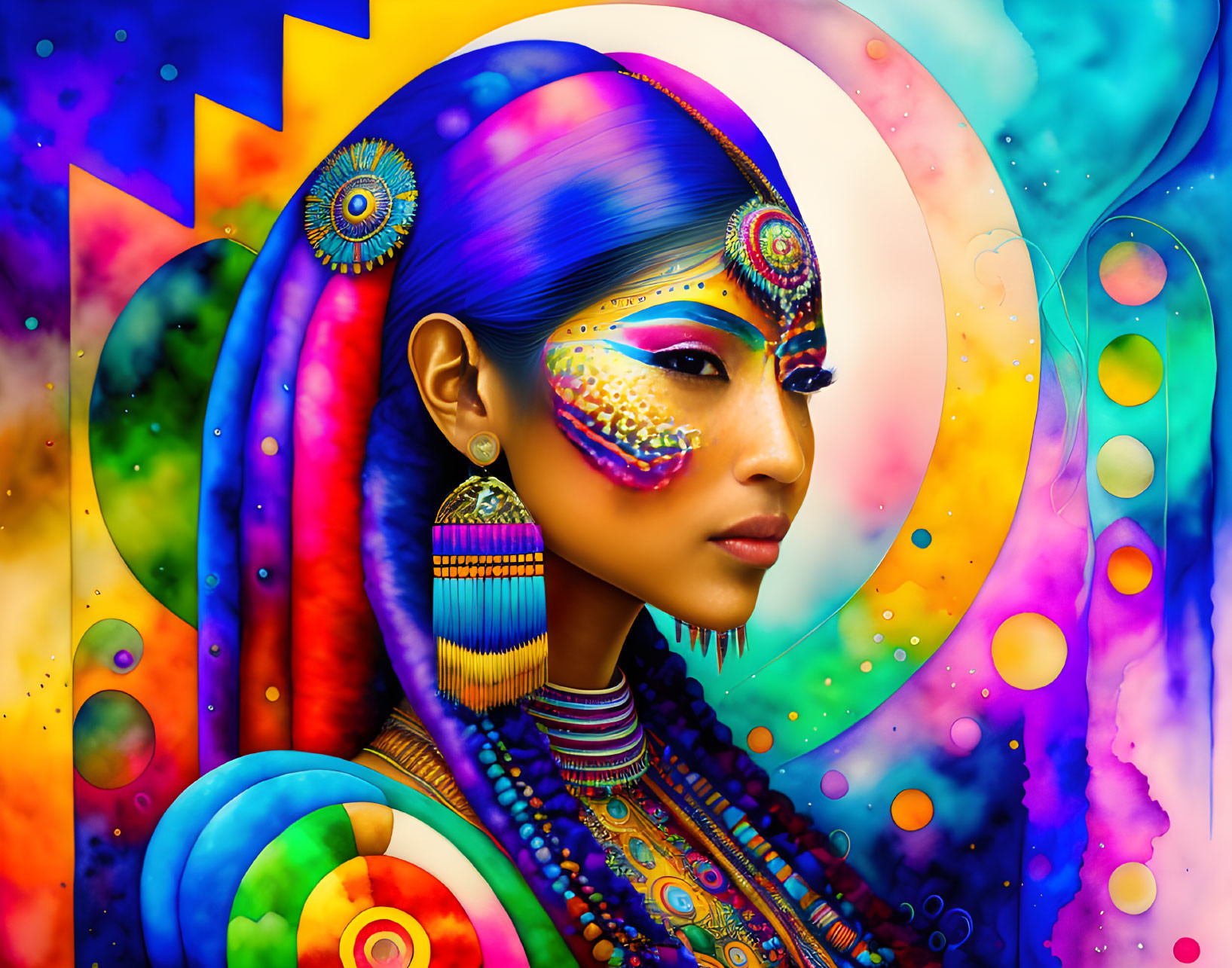 Colorful Digital Art: Woman with Vibrant Makeup and Jewelry on Abstract Psychedelic Background