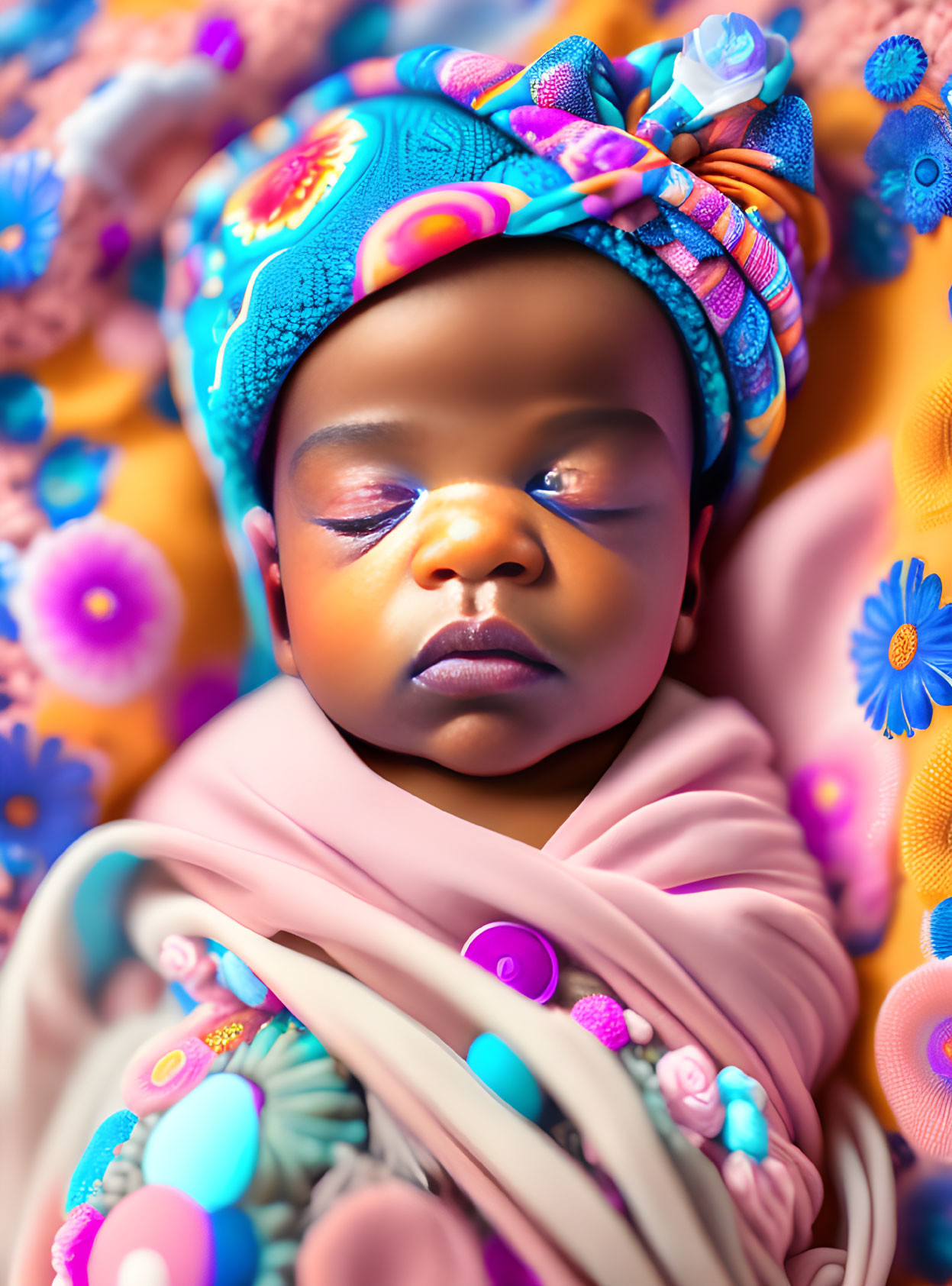 Adorable baby with vibrant headwrap on pink swaddle and floral backdrop