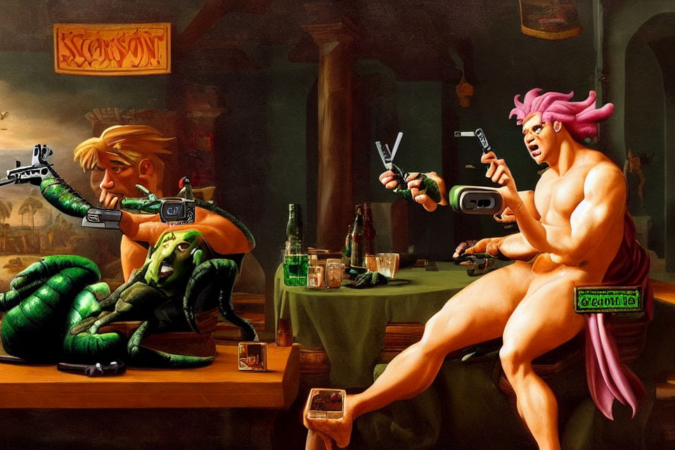 Colorful Illustration: Shirtless Man with Pink Hair & Green Orc Playing Video Game