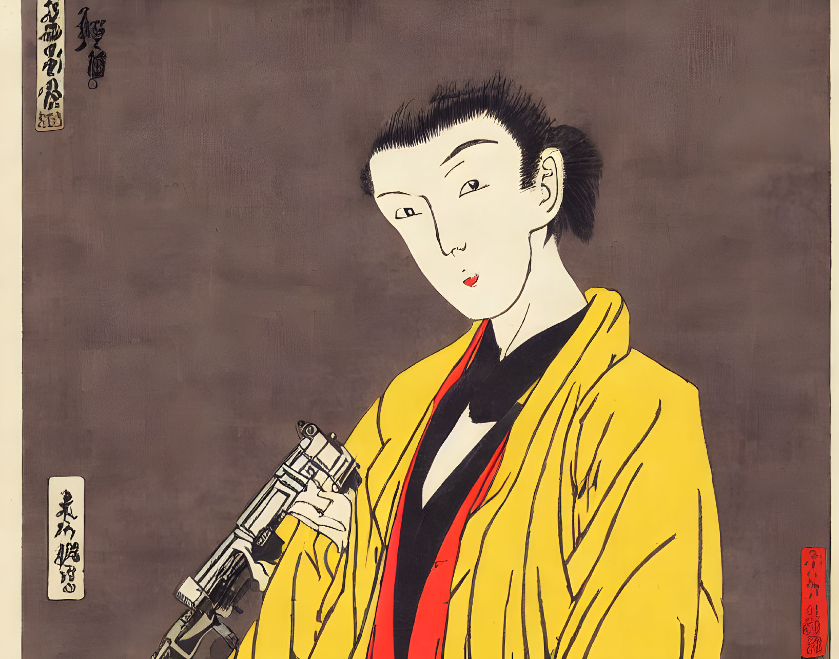 Traditional Japanese Woodblock Print: Woman in Yellow Kimono with Shamisen