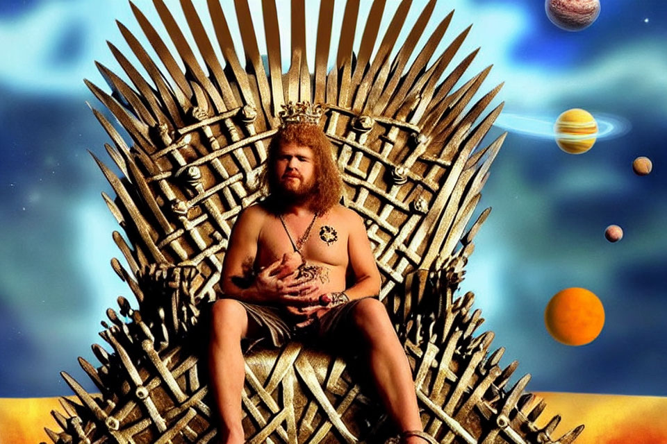 Man in Royal Attire on Iron Throne Against Cosmic Backdrop with Planets