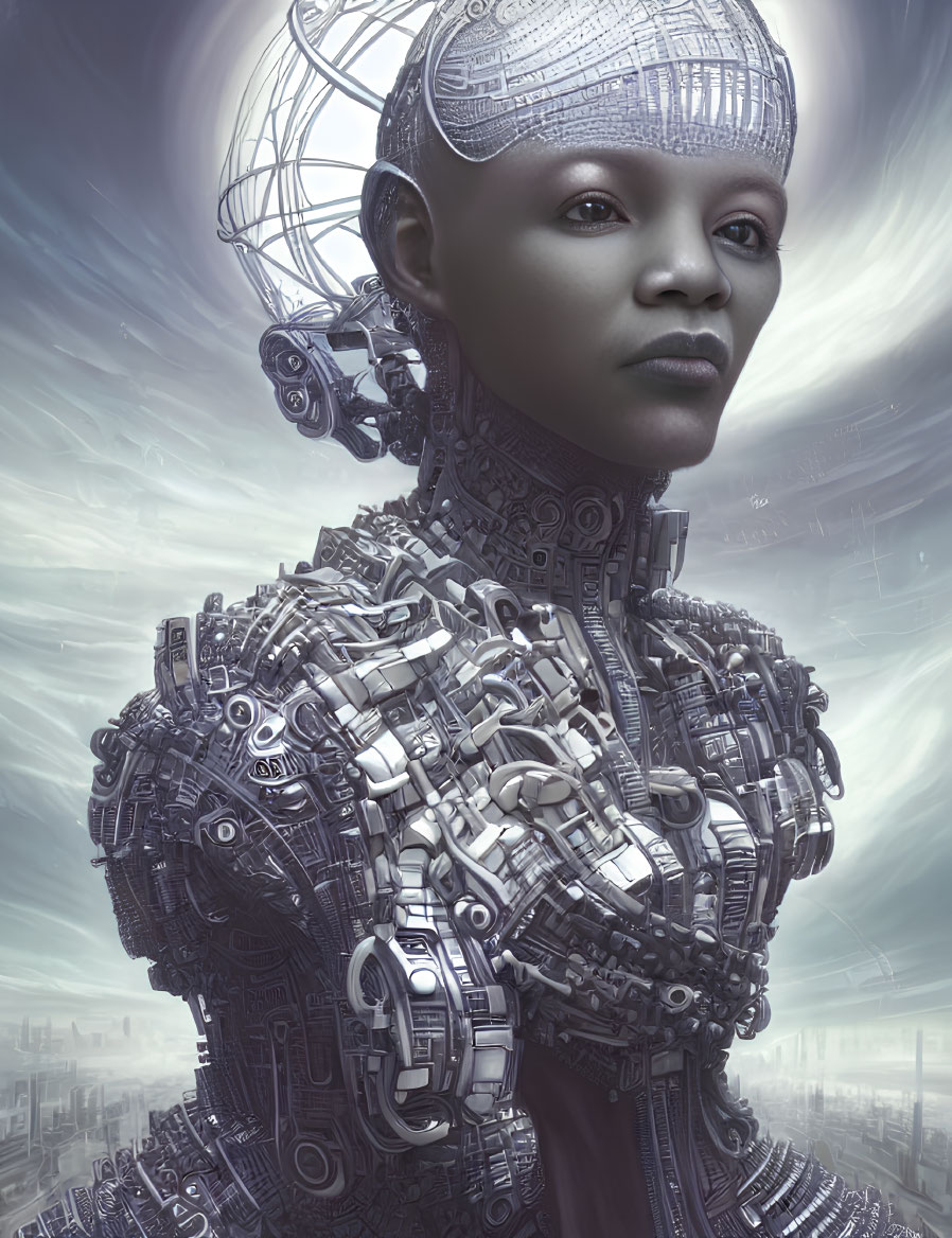 Mechanical figure with human face in futuristic cityscape
