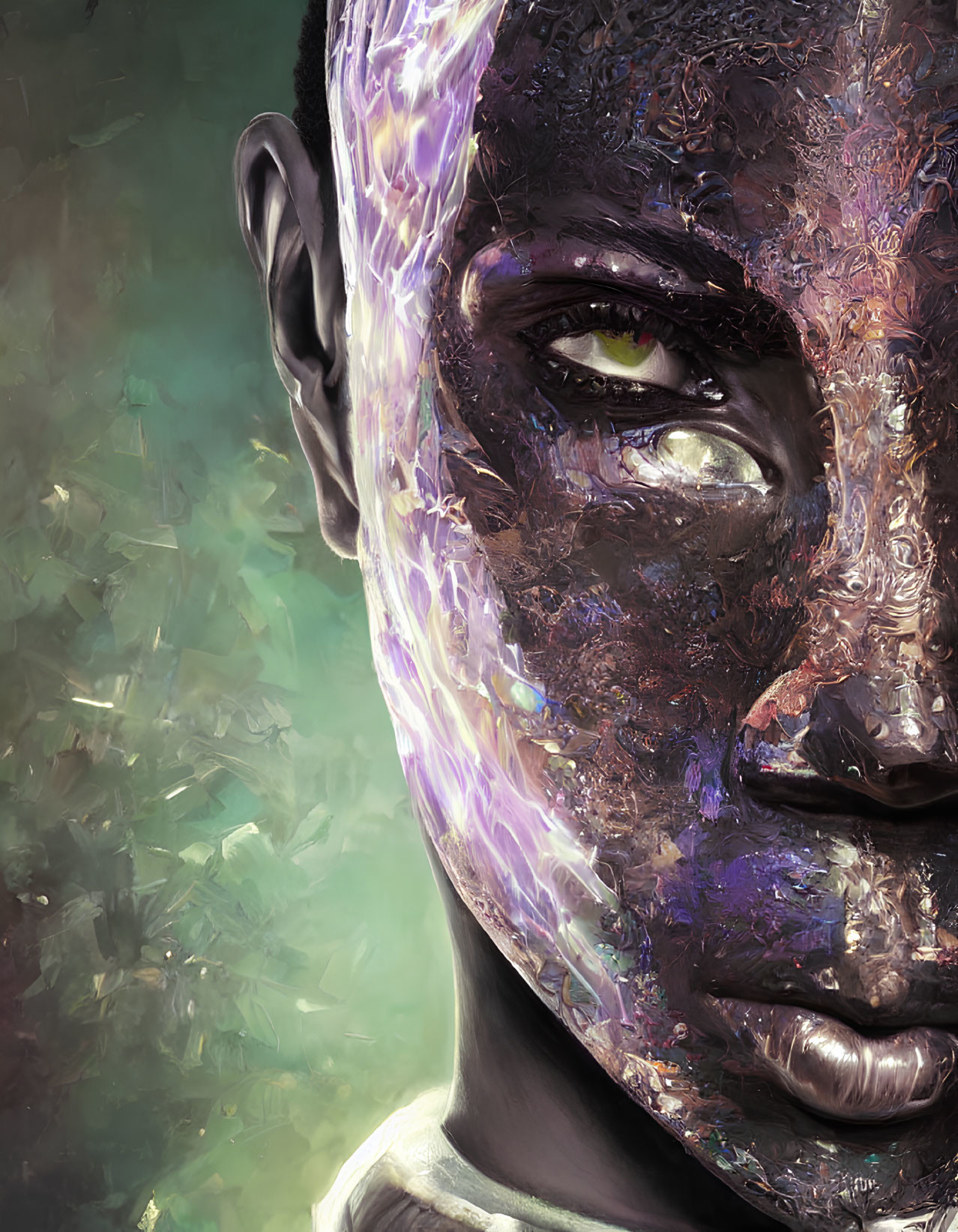 Vivid digital painting of a face with fracturing textures and intense gaze