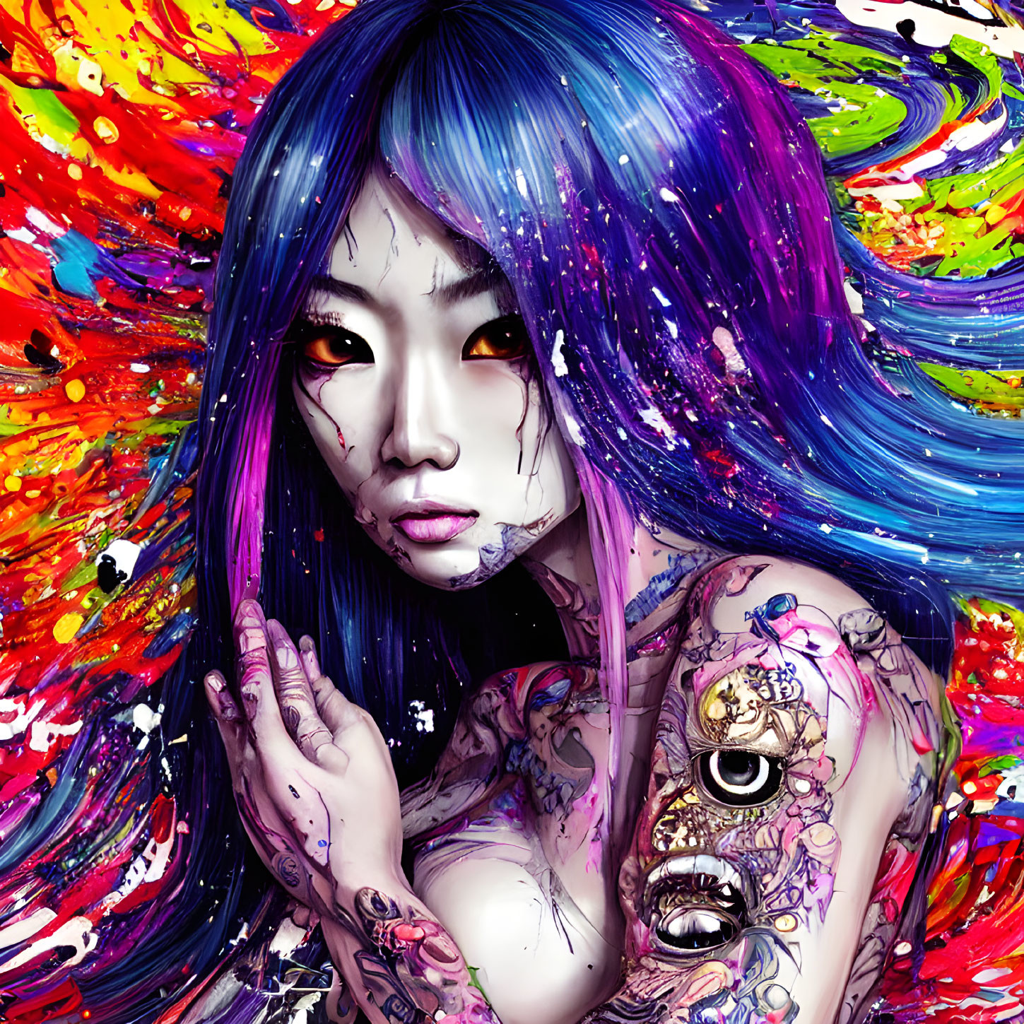 Colorful digital portrait featuring person with blue and purple hair, tattoos, and paint splashes.