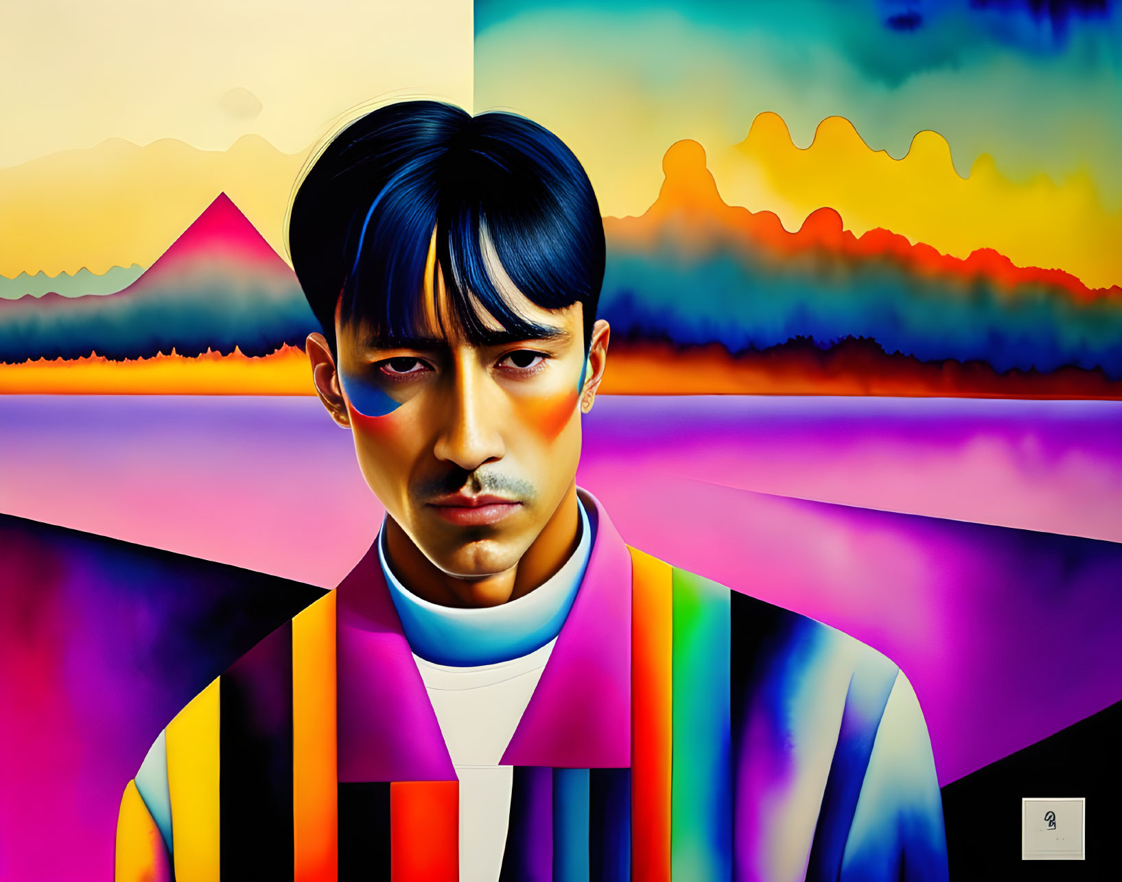 Colorful digital art portrait of a man against abstract pyramids landscape