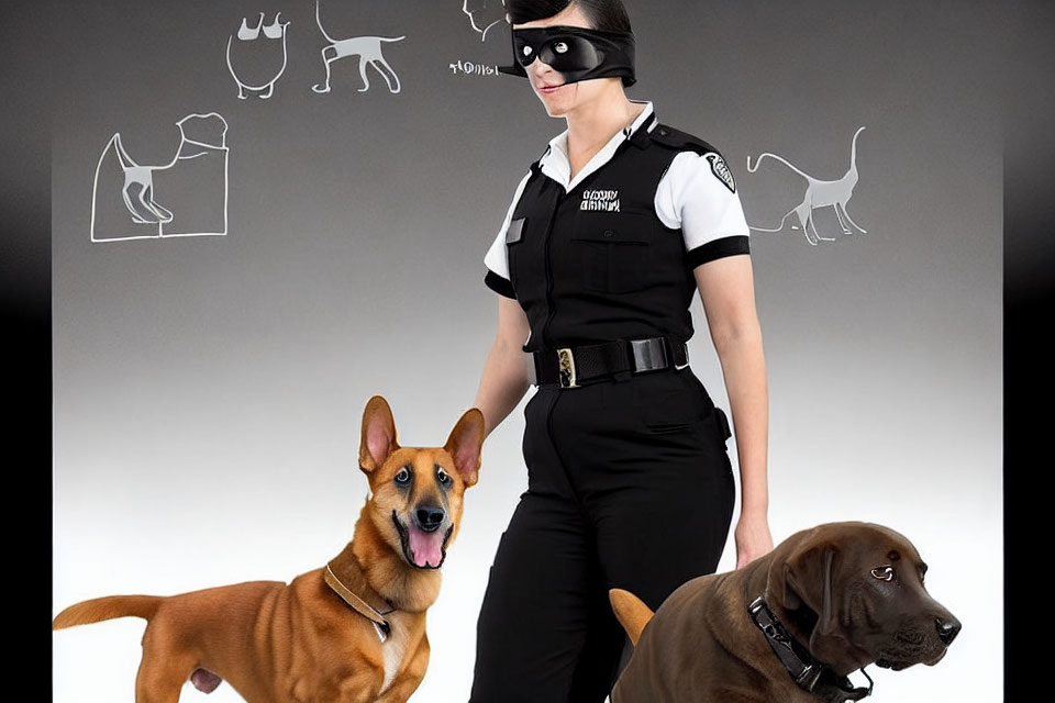 Person in Dog-Themed Superhero Costume with Two Dogs in Front of Cat and Dog Drawings