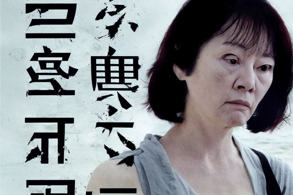 Asian woman in contemplative pose on movie poster with distressed text