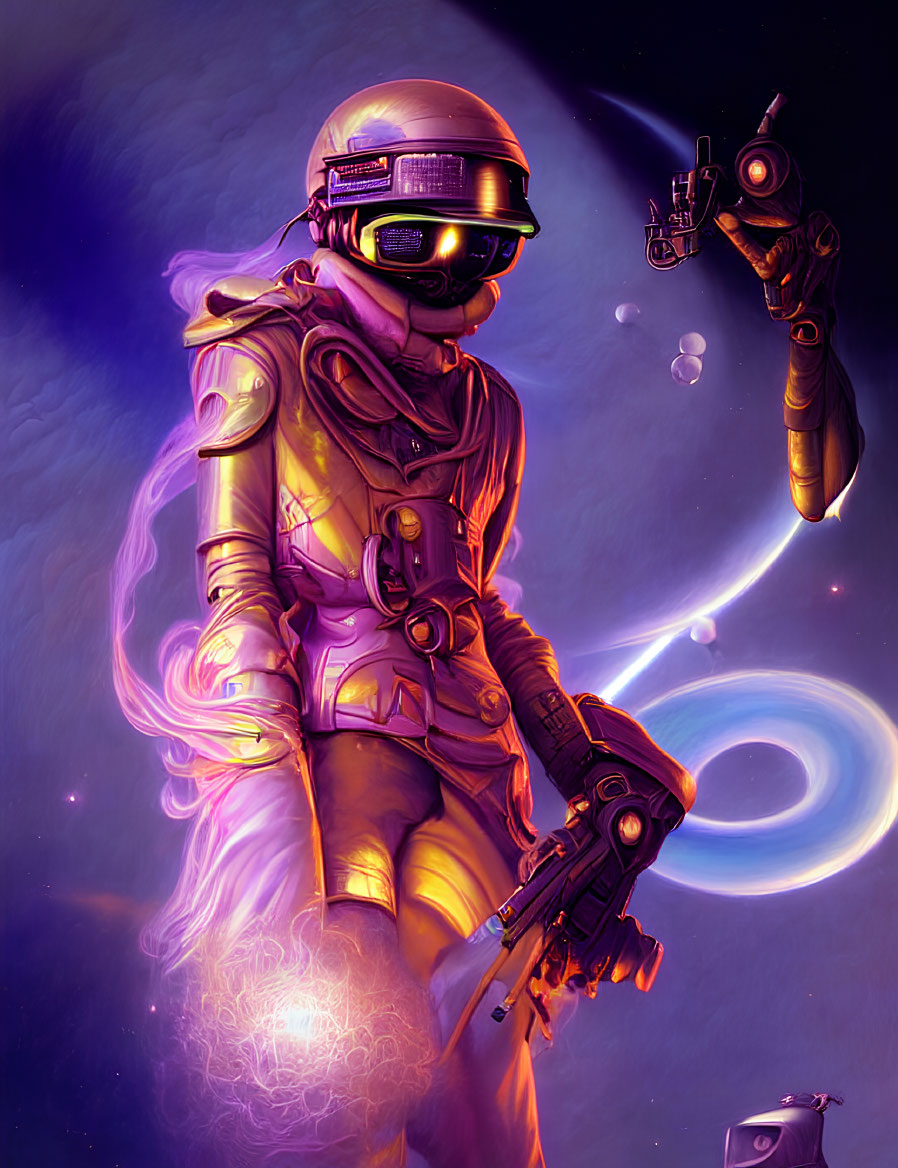 Golden-suited astronaut with gun in cosmic setting.