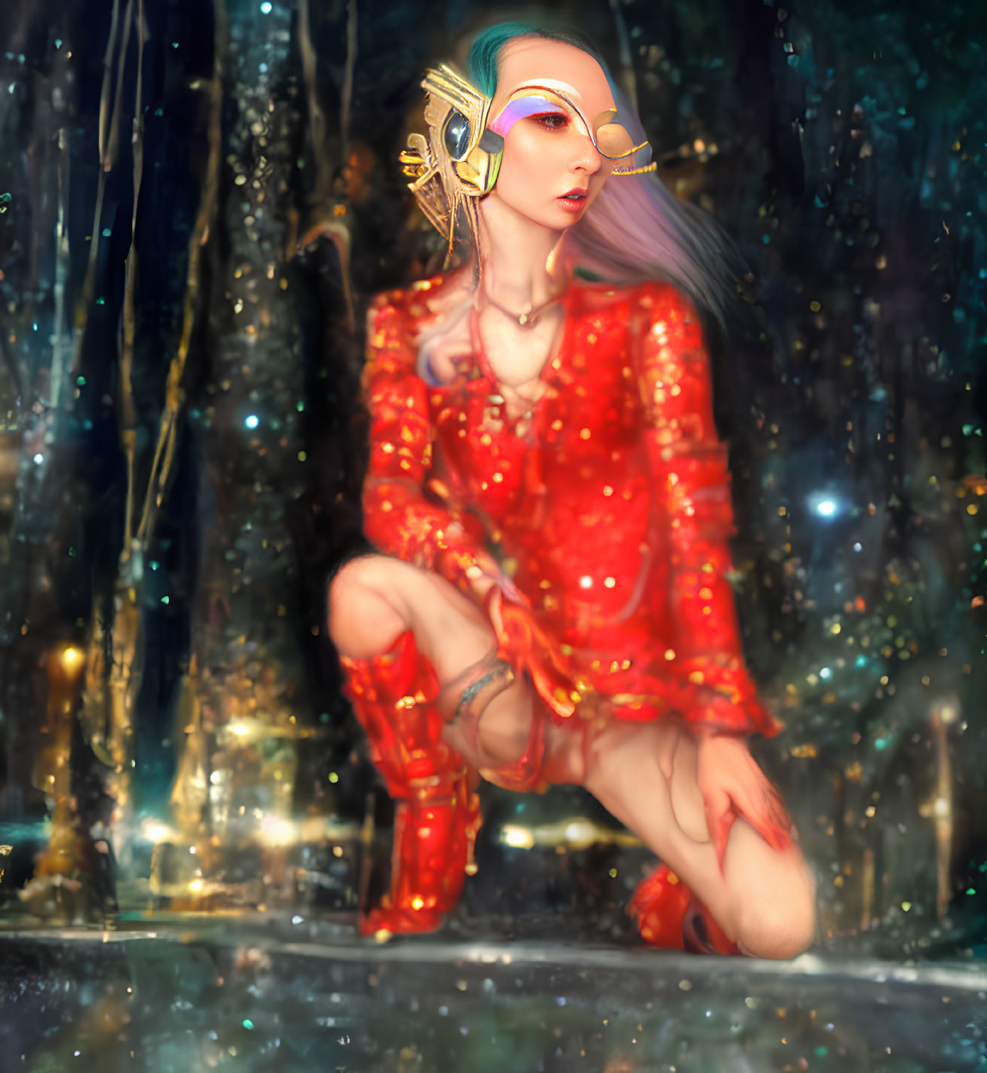 Fantasy illustration of person in red outfit with golden accessories in magical setting