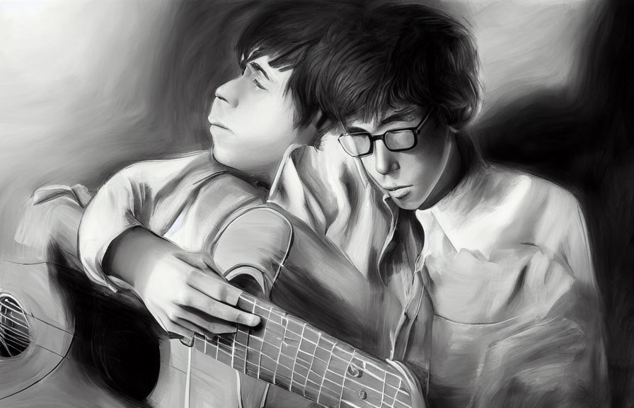 Monochromatic digital painting of two individuals with a guitar