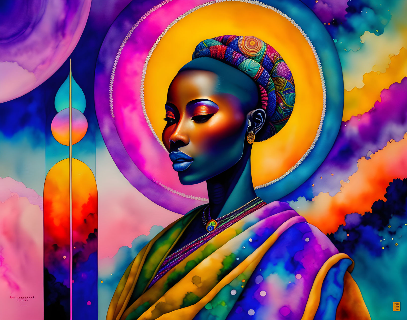 Colorful digital artwork: Woman in African attire with vibrant headwrap and abstract background